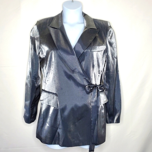 Gantos Silver Metallic Tie Front Blazer Size 14 Evening Jacket Mini Dress - Picture 1 of 15